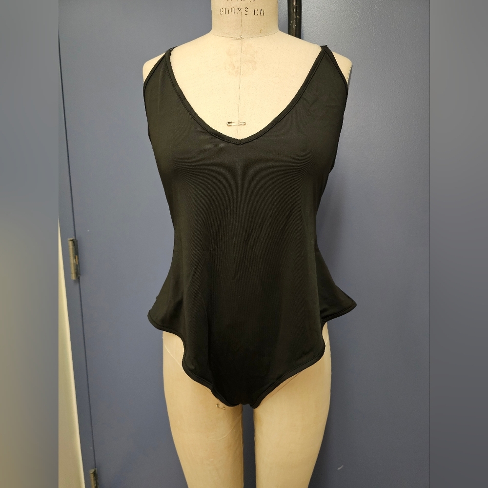 XL Black Bodysuit With Lace Up Back 65% Polyester 35% Cotton NWOT